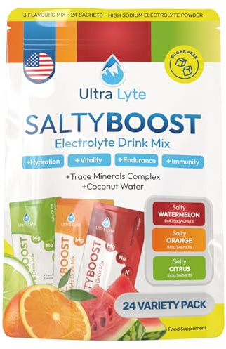 Ultra Lyte Electrolytes Drink Mix - Sugar-Free Variety Pack Powder - 24 Sachets with High Sodium, Trace Minerals, and Coconut Water - Hydration for Endurance, Replenishment, and Wellness