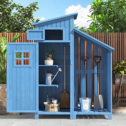 Gegtuon Gerätehaus mit Satteldach, Geräteschuppen Gartenhaus Gartenschrank aus Holz mit Fenster Türen & Stauraum Ablagen, Wetterfest Outdoor Schuppen für Garten Terrasse, 124x53cm (LxB), Blau