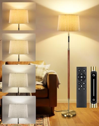 OUTON Floor Lamp with Double Lampshade, Solid Wood & Metal Pole, Remote & Touch Control, Dimmable & 4 Color Temperatures, Modern LED Standing Lamp for Living Room, Bedroom Office Decor (Walnut)