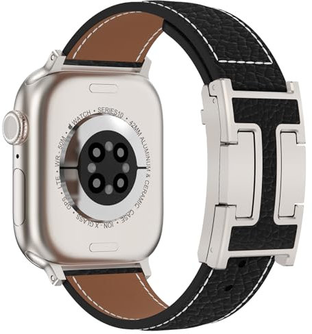 CHANCHY Lederarmband für Apple Watch armband 46mm 45mm 44mm 42mm(Series 3 2 1),Ersatzarmband aus echtem Leder für iWatch SE 3 2 1/Series 11 10 9 8 7 6 5 4 3 2 1,Schwarz+Polarstern Schnalle