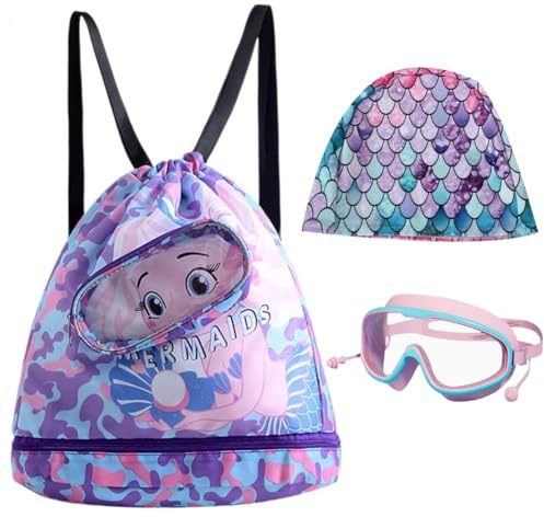 Lila Rosa Sjöjungfru Tecknad Vattentät Sportväska För Barn, Simglasögon För Barn, Näsa Simning Hörlurar Öronpropp, Flickor Pool Headset, Långt och Kort Hår (3PCS)