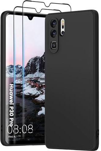 PuyaTeya 3 in 1 Hülle für Huawei p30 pro, mit 2 Stück 9H Panzerglas Premium Liquid Silikon Hülle, mit 4-Layer stoßfeste abriebfestes, Soft Mikrofaserfutter Kratzfes Schutzhülle (Tiefschwarz)