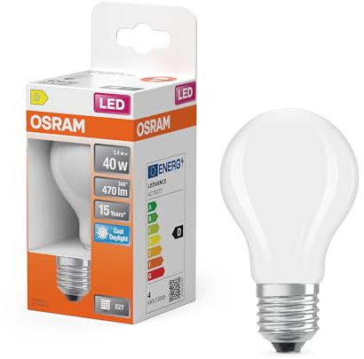 Osram LED Retrofit CLASSIC A 3.4W 865 Frosted E27, White | LED Star Classic A 40 Filament, LED Lamps, Weiß, 60 mm dia, 15000 h, 1-Pack