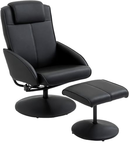 HOMCOM Relaxsessel mit Hocker, 360°drehbarer Fernsehsessel mit Liegefunktion, TV Sessel, Lesesessel für Wohnzimmer, Schlafzimmer, Kunstleder, Schwarz