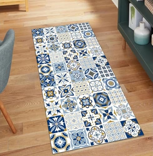 QQrunner Blau Teppich Läufer Flur Küche rutschfest, Boho 100x120CM Kücheteppich Waschbar Teppichläufer Meterware Lang Korridor Polyester Wohnzimmer Schmutzfangmatte