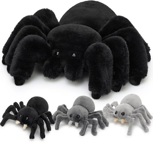 MorisMos Big Spider Teddy Soft Toy, 40cm Large Black Spider with 3 Cuddly Baby Inside, Giant Fluffly Stuffed Animal, Realistic Kawaii Plush Gift for Kids Birthday