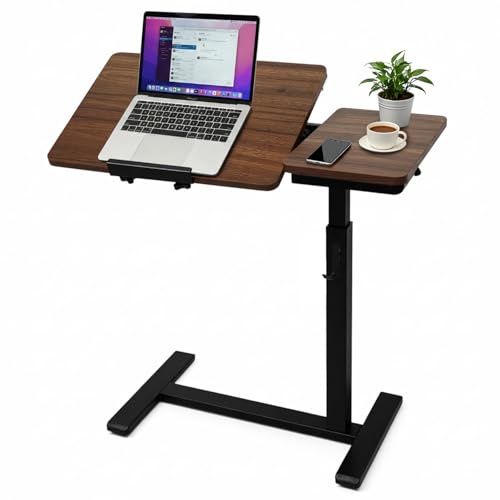 KUKKUME Overbed Table with Wheels Pneumatic Laptop Table Hospital Bed Table Height Adjustable with Drawer Cup Holder and Tilting Split Top Bedside Rolling Desk for Office Home Hospital Use Brown