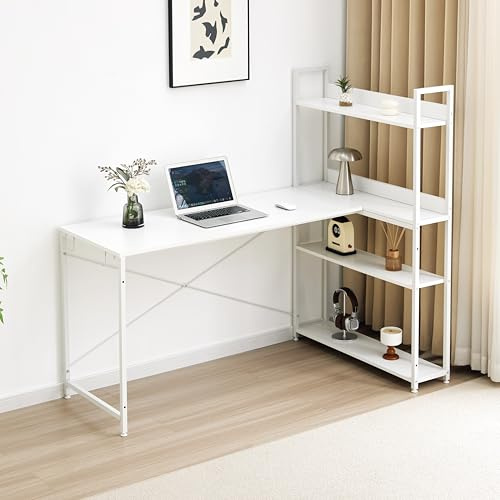 Garvishk Garvis Eckschreibtisch 140x50 cm (128 cm Hoch) – L-Form Gaming Tisch mit 3-Tier Regal (Weiß)