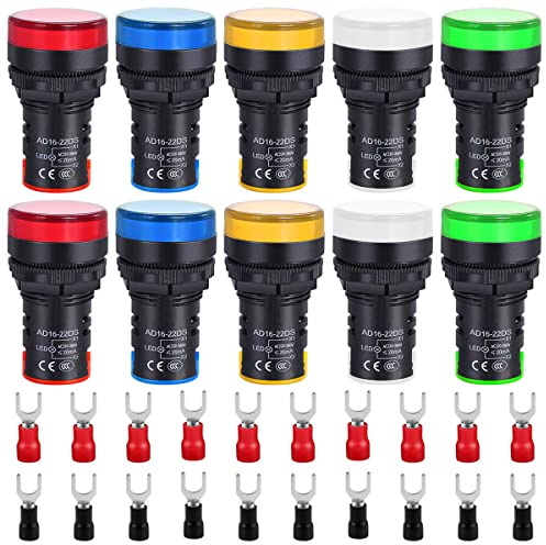 HAAMNING7 10 Stück 110V-220V 22mm LED Leuchtmelder Signalleuchte Kontrolleuchte 20mA 5 Farbe(Rot/Bule/Grün/Weiß/Gelb) AD16-22DS Signallampen Tafel LED Anzeige für DIY mit 20 Gabelkabelschuhe