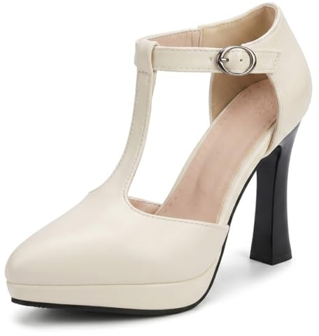 Dam mandeltå T-rem pumps plattform högklackade skor elegant vintage stil bekväma klänning klackar storlek 34-50