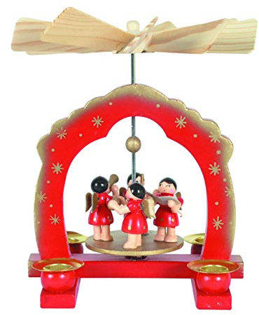 Kleine Weihnachts-Pyramide musizierende Engel, H: 16 cm, rot/Gold, handbemalt im Kunsthandwerks-Stil
