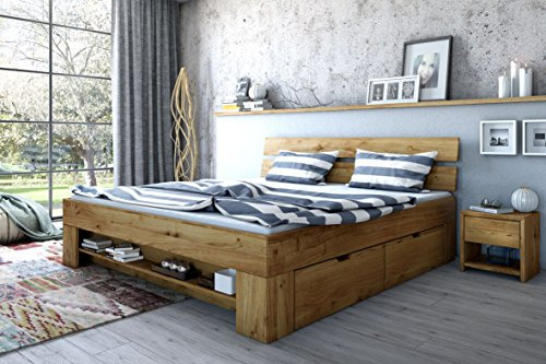 Elfo Futonbett Wildeiche Massiv geölt 140cm inkl. 4 Bettkästen, Fußteilregal