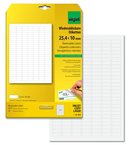 SIGEL LA202 Etiketten selbstklebend, bedruckbar, wieder rückstandsfrei ablösbar, weiß, mini, 25,4 x 10 mm, 4725 Etiketten = 25 Blatt, abgerundet