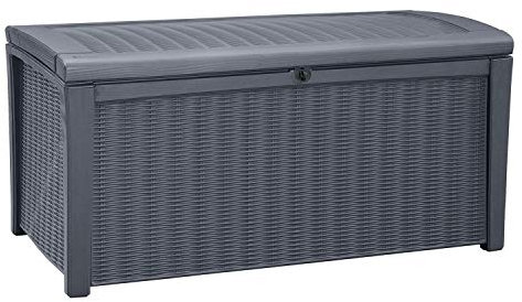 Keter Borneo 110 Gallon Storage Box, All Weather Wicker Rattan Style, Resin Deck Box and Stylish Outdoor Bench with Plunger Assisted Lockable Lid, Grey