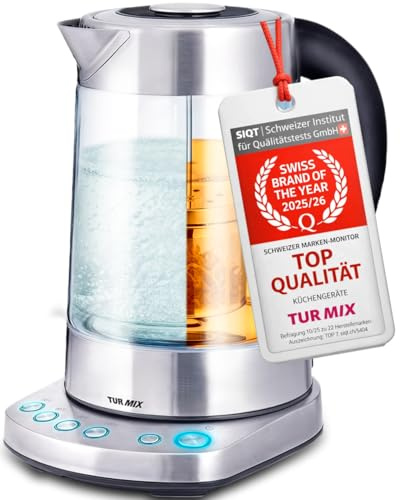 Teekocher Elektrisch aus Glas mit Temperaturwahl und Teesieb Warmhalten 1L | Teesieb manuell absenkbar und anhebbar, Temperaturwahl 70–100 °C und 1 Stunde Warmhalten bei 2200 W.