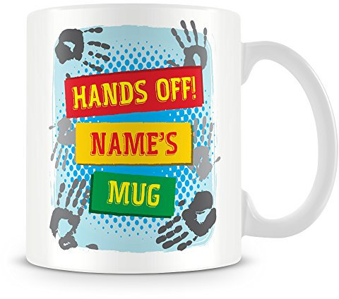 Personalised Name Mug/Cup with 'Hands Off' Design – Customise Name - Blue