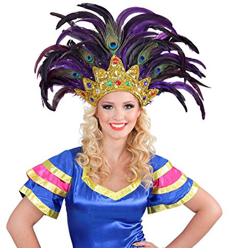 Amakando Federkopfschmuck Rio Samba-Kopfschmuck Gold, lila brasilienisches Kostüm Accesoire Sambatänzerin Zubehör Showgirl Outfit Karneval in Rio