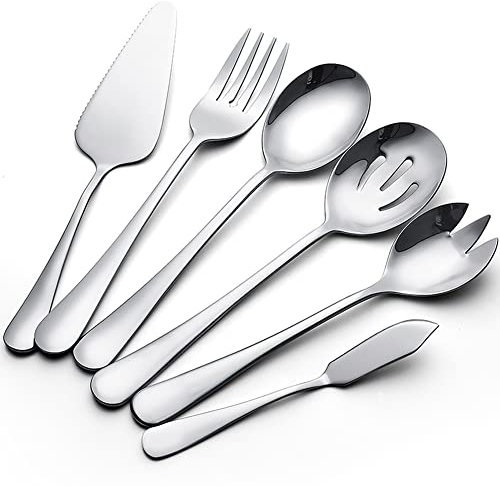 AOOSY 6 Pièces Couverts Ensemble De Service, Couverts En Acier Inoxydable Cuillères À Servir Argent Cuisine Cuisson Outils Gâteau Beurre Couteau Cuillère Fourchette pour La Maison Buffet Partie