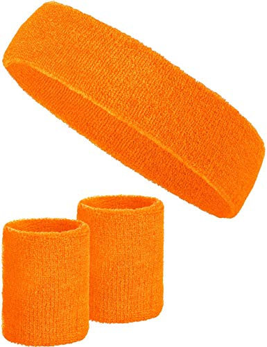 3-teiliges Schweißband-Set mit 2X Schweißbändern für die Handgelenke + 1x Stirnband für Damen & Herren (Orange)