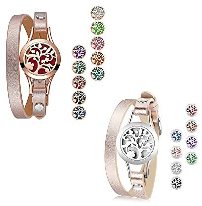 JewelryWe Schmuck 2pcs Ätherisches Öl offenes Lederarmband Halskette, Aromatherapie ätherisches Öl Diffusor Medaillon Armband 316L Edelstahl Lebensbaum Kette + 10 Pads