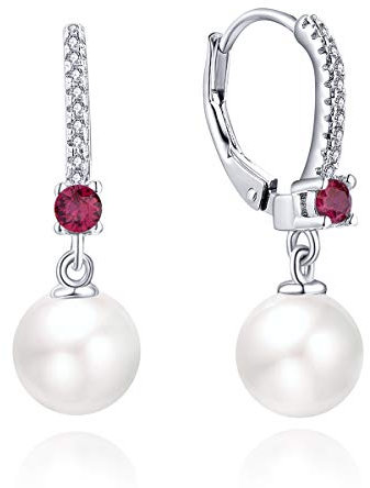 JO WISDOM Damen Perlen Ohrringe Perlenohrringe Silber 925 Hängend Hochzeit Ohrringe mit 8MM Perlen 3A Zirkonia Juli Geburtsstein Rubinrote Farbe,Schmuck für Frauen