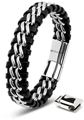 SERASAR Armband Herren Silber 17cm Männer Leder Armreif Lederband Herrenarmreif Armschmuck Schmuck Herrenschmuck Flecht Wickelarmband Kette Leather Bracelet
