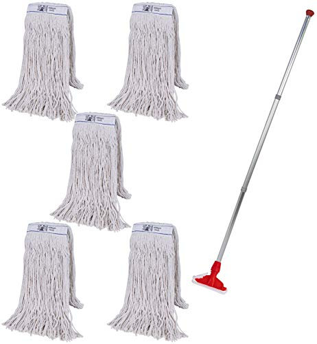 Abbey Heavy Duty Professional Kentucky Mop Handle and Holder with 5 Kentucky Mop Heads (450g) – Industrial Mop Colour Coded to Avoid Cross Contamination – Commercial Mop for Cleaning Hard Floors Red