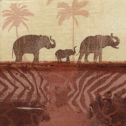 linoows 20 Servietten Afrika, Aquarell Landschaft mit Elefanten unter Palmen 33x33 cm