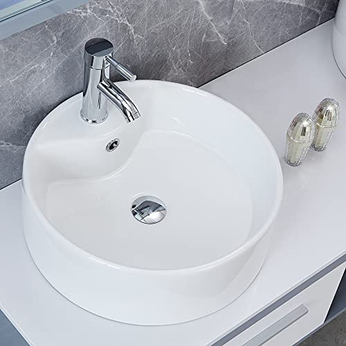 Fregadero redondo de cerámica de porcelana blanca de 45,7 x 45,7 x 15,7 cm con desagüe desplegable y combinación de grifo de acero inoxidable, para lavabo de lavabo