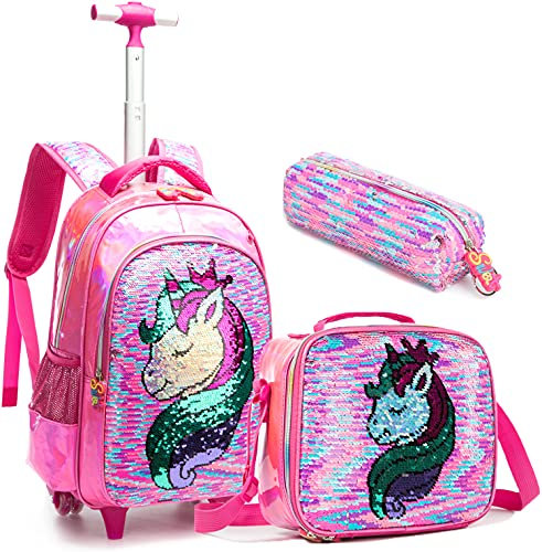 Egchescebo Sac à Dos Roulette Pour Enfant Fille D'école Licorne Scolaires Cartables et Trousses Grande Capacité avec Cartable Ecole Primaire Chariot pour Cartable de Voyage Valise 17 3PCS Rouge Rosé