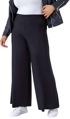 Roman Wide Leg Trousers for Women UK Ladies Palazzo Pants Evening Jersey Elasticated High Waist Smart Flared Culotte Office Work Going Out Loose Crepe Bottoms - Plus Black - Size 30-32