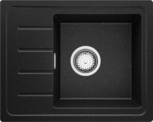 PRIMAGRAN Lavello da Cucina Nero Metallico 55x44cm, Lavandino da Cucina a 1 vasca + Sifone Classico, Lavabo da Cucina Incasso al mobile 45cm - Copenhagen Easy