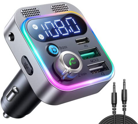 2022 JOYROOM Bluetooth 5.3 Voiture, [Dual Micros & HiFi Deep Bass] Rapide 48W PD&QC3.0 Transmetteur FM, Appels Mains Libres, Adaptateur Radio Lecteur de Musique MP3 Support Connexion Auxiliaire/USB