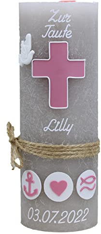 Cerziies® Taufkerze Rustik Lilly Junge oder Mädchen mit Name und Datum, individuell und handverziert 1552