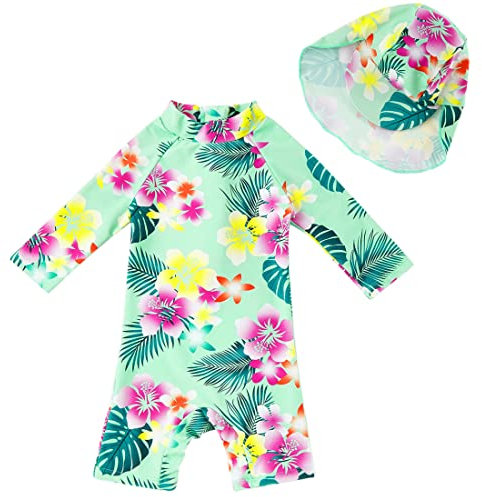 upandfast Baby Badeanzug mit Sonnenhut UPF 50+ Badebekleidung für Baby(Grüne Blume,12-18 Monate)