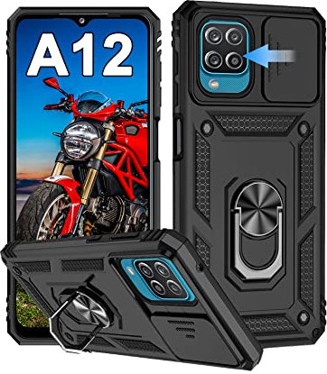 Cover per Samsung Galaxy A12 / M12 / A12 Nacho, Slide Protezione Fotocamera, Armatura Cover con 360 Gradi Girevole Anello Metallo Magnetica Supporto Silicone Antiurto Custodia per Samsung A12, Nero