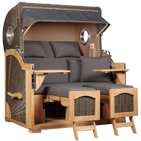 MR. DEKO® Strandkorb Düne Grande XL 2,5-Sitzer Teak | PE Geflecht Grey - Dessin 551 | Volllieger Strandstuhl mit Bullauge inkl. 2 Fußablagen | je 2 Kissen und Nackenkissen | Strandkörbe aus Teakholz
