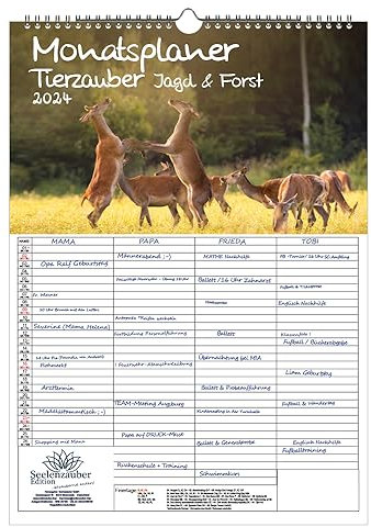Tierzauber Jagd & Forst Wandplaner Familienplaner 4 Spaltenplaner A3 Kalender für 2024 - Seelenzauber