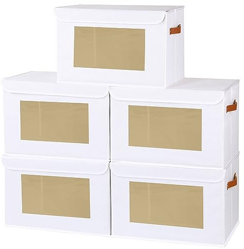 YheenLf 5 Stück Aufbewahrungsboxen, Schrank Organizer, Faltbare Stoffbox mit Deckel, Aufbewahrungsbox Kleiderschrank mit Transparentem Fenster, Kasten Boxen mit Griff, Weiß, 33x23x20cm