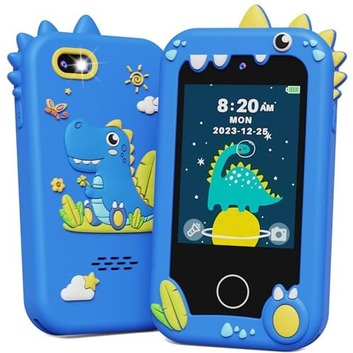 KOKODI Kids Smart Phone Toys, Birthday Gifts Idea Dinosaur Toys for 3 4 5 6 7 8 Year Old Boys, Touchscreen HD Digital Dual Video Camera, Preschool Learning Toy for Kids 3-5 Travel Trip Activity (Blue)