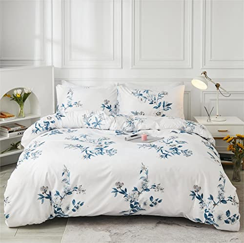 Freyamy Blumen Bettwäsche Set 200x200cm 3teilig Weiß Blau Blätter Pflanzen Blumenmuster Wendebettwäsche Gebürstet Microfaser Weiche Bettbezug mit Reißverschluss und 2 Kissenbezug 80x80cm