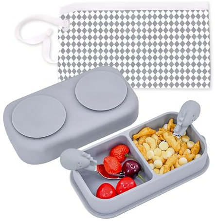 Funvalley Surperfect 5PCS Travel Suction Plate Set - Non-Slip Silicone Divided Plates for Baby Feeding With Travel Bag, Toddler Essential (Grey)