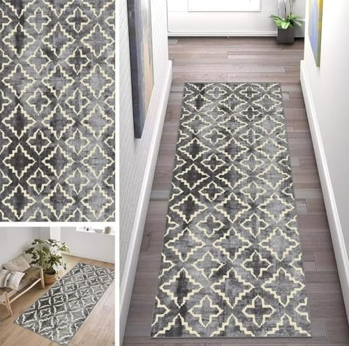 ZUZEKU Abstrakte Grau Läufer Flur Küche Waschbar rutschfest 40X60cm Vintage Lang Küchenteppich Flurteppich Teppich Fur Korridor Wohnzimmer Schlafzimmer Meterware Anpassbar