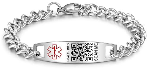 Theluckytag Verbessertes medizinisches Charm-Armband mit QR-Code für Damen und Herren, mit Sterlingsilber beschichtete Kette, 17,8 - 22,9 cm – mehr Platz, individuelle Notfall-ID-Info, Medium,