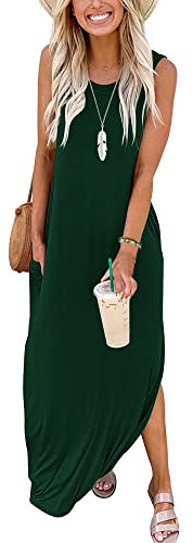 AUSELILY Ärmellose Sommer Maxikleider Damen Strandkleider Tank T-Shirt Kleid mit Taschen Dunkelgrün L