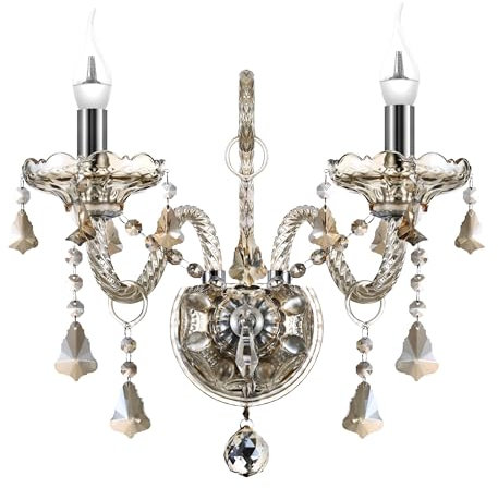 Ridgeyard 2 Bras pplique Murale Bougeoir K9 Applique Cristal Baroque Pampilles Cognac Couleur E14 pour Salon Chambre Entrée de Couloir