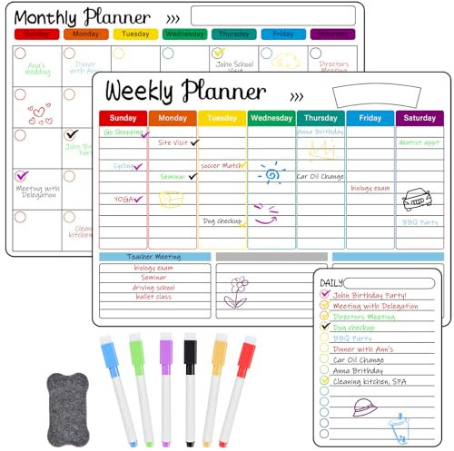 OFFCUP Planificador Semanal Magnetico, 3pcs Planificador Mensual Magnetico con 6 Rotuladores de Color y 1 Borrador, Calendario Magnético Nevera, para Lista de Compra, Planificador Familiar