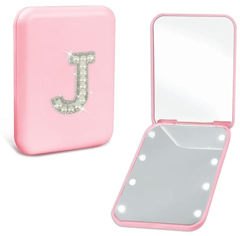 Aganmi Adrette Geburtstagsgeschenke für Mädchen im Alter von 12, 13, 14, 15, 16 Jahren, niedlicher Taschenspiegel mit Perlen, Initiale, Taschenspiegel mit Lichtern, rosa, kleiner