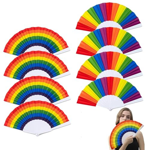 OdiuK 4 PCS Folding Hand Fans for Women, Fabric Hand Fan with Tassel Chinese Bamboo Handheld Folding Fan, Wedding Manual Fans for Halloween Dancing Party Cosplay Wall Decoration (Rainbow)