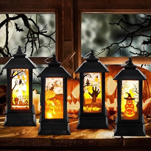 TaimeiMao 4 Stück Halloween Deko Laterne, LED Kürbis Laterne, Tragbaren Halloween Laternen, LED Kürbis Laterne Für Indoor Outdoor Gärten Baum Halloween Bar Weihnachtsfeiertag Party (ohne Batterie)